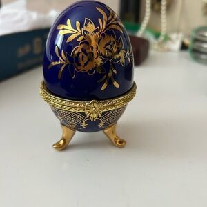 FABERGE LIMOGE Decorative Blue and Gold Egg Trinket Box